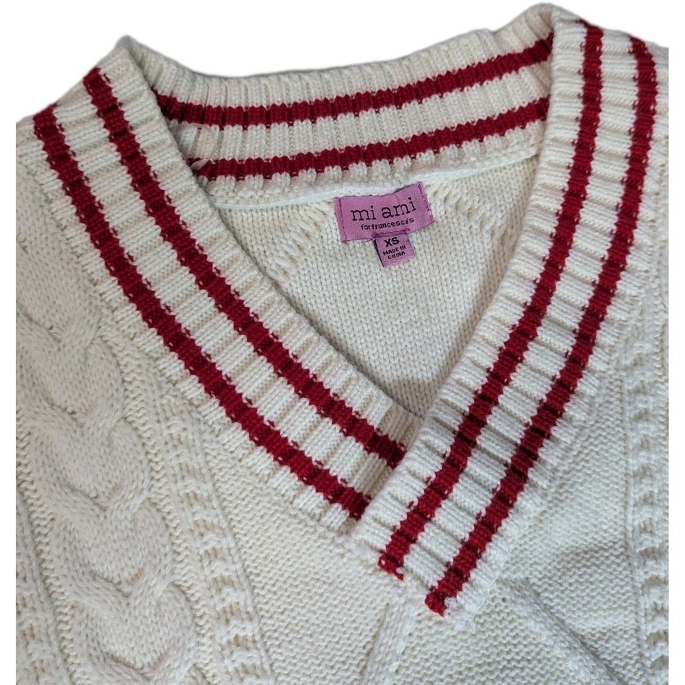 mi ami for francesca's V-Neck Cable Knit Sweater Red & Cream Varsity XS - Picture 11 of 11